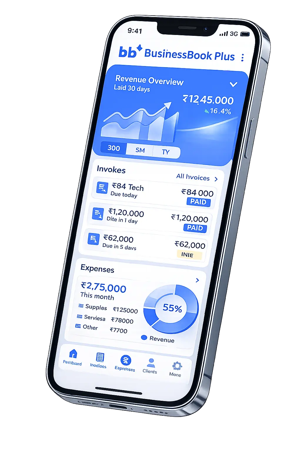 BusinessBook Plus mobile app dashboard showing accounting and inventory management